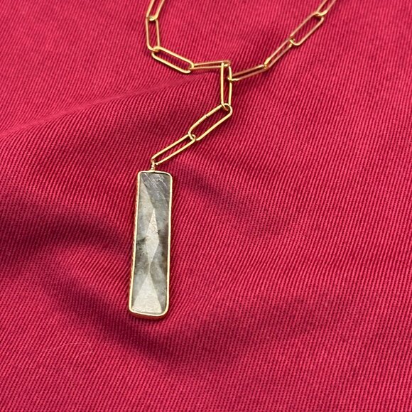 Serefina “Paper Clip” Chain & Light Green/Gray Stone Pendant Necklace - Picture 2 of 14